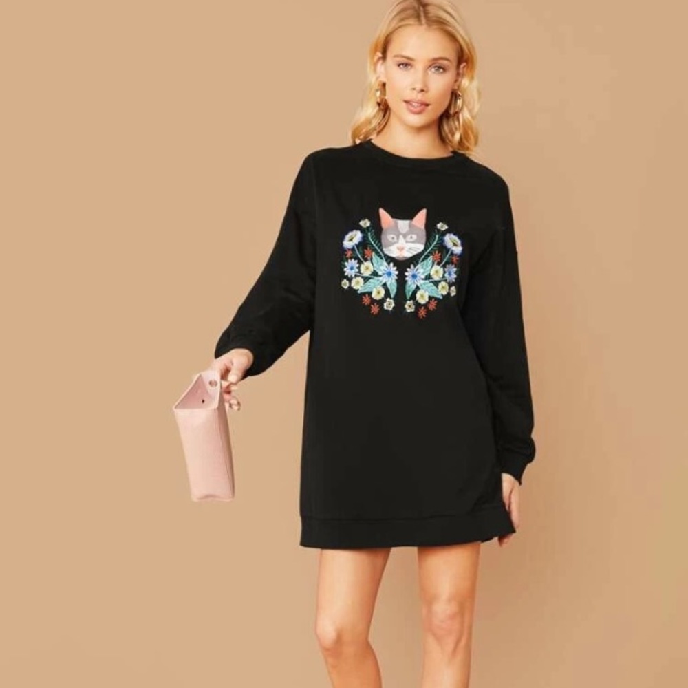 Embroidered Flower Cat Tee Dress/Sweater
